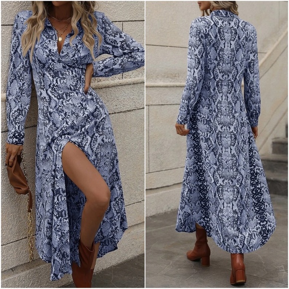 Luxe Snakeskin Print Button up Long Sleeve Dress - Picture 5 of 6